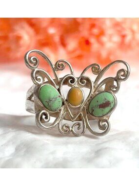 Turquoise & Coral Gemstone Butterfly Sterling Silver 925 Vintage Ring - sz 6.75